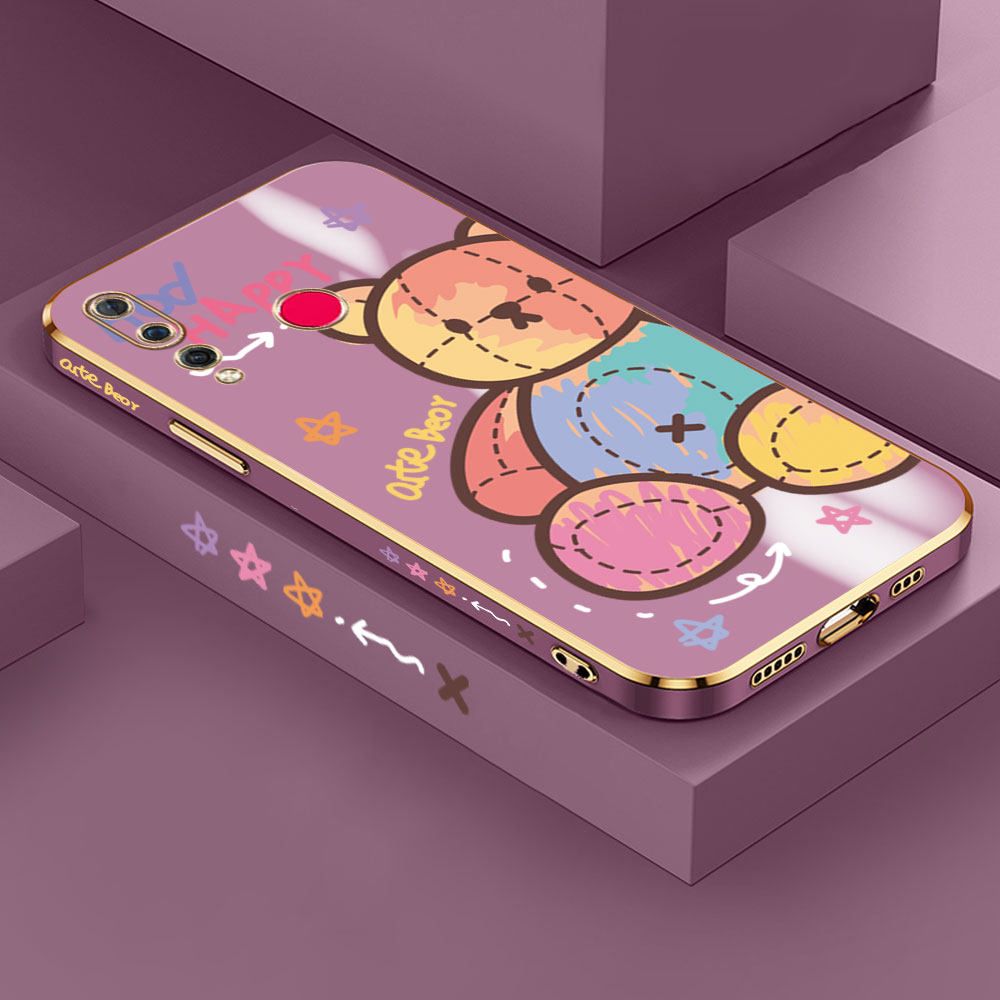 Jizetin (Free Lanyard) Huawei Nova 4 Case Color Doll Bear Luxury 6D Plating Soft Casing Silicone Ultra Thin Phone Cover