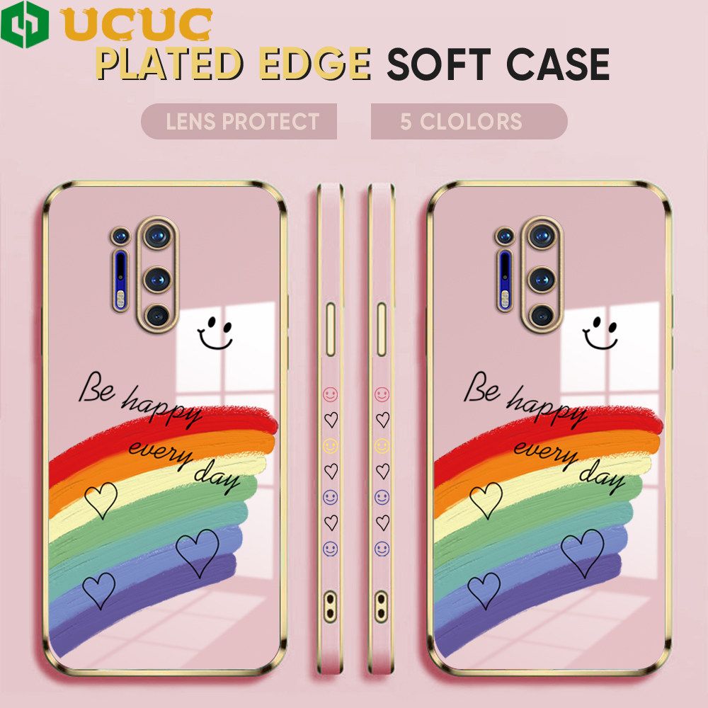 UCUC for OnePlus 8 Pro Back Cover + Free Lanyard Rainbow Doodle Luxury 6D Plating Case Side Pattern Soft Silicone Square Phone Cases