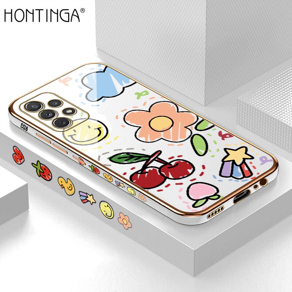 Hontinga for Samsung A72 5G/4G Back Cover + Free Lanyard Luxury 6D Plating Cartoon Cherry Peach Side Pattern Case Soft Silicone Square Mobile Cover