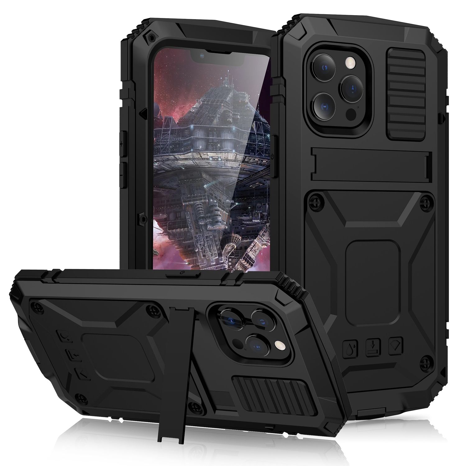 R-JUST Shockproof Waterproof Dust-proof Metal + Silicone Protective Case with Holder For iPhone 13 Pro Max