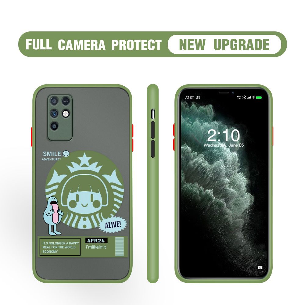 Hontinga for Infinix Note 10 Case Cute Coffee Girl Camera Shockproof Protection Casing Edge Frosted Transparent Phone Cover