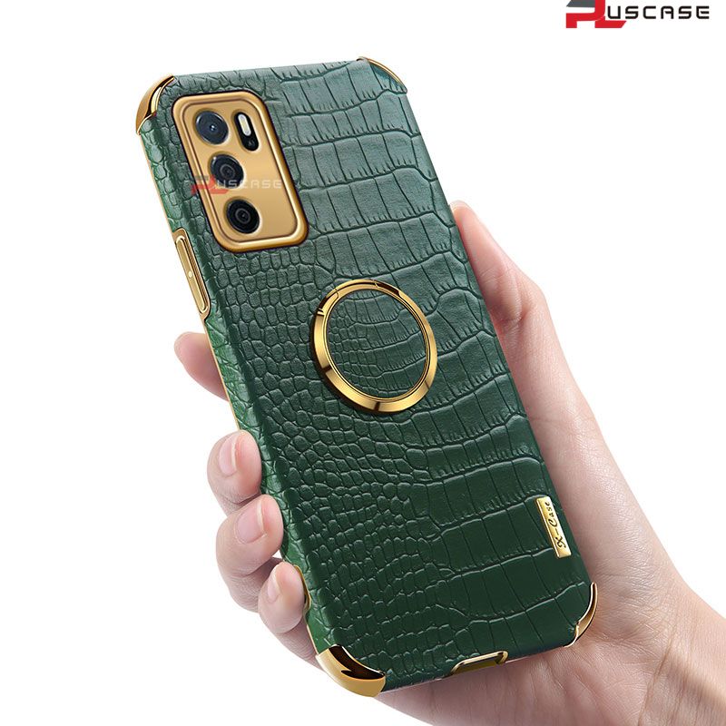 PlusCase for OPPO A16 Crocodile Pattern Leather-like Soft Silicone Rubber Case Ring Stand Holder Shockproof Back Cover
