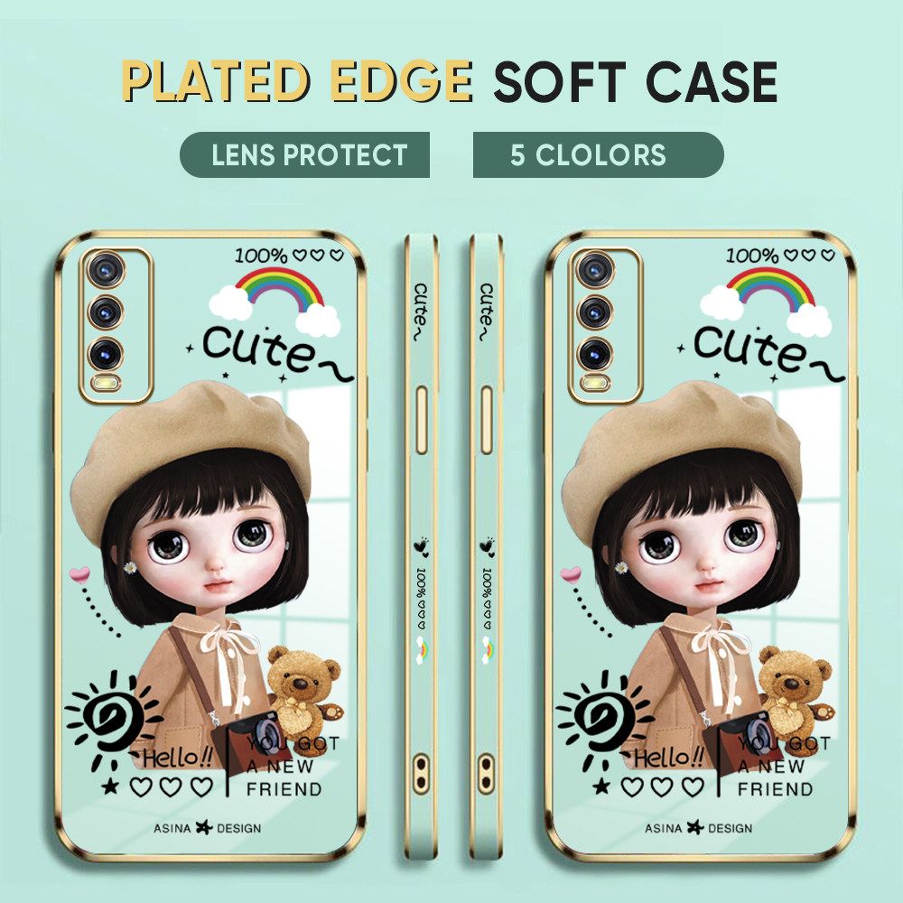 Luxury 6D Plating Case for Vivo Y50 Phone Cases Satchel Girl Side Print Soft Silicone Square Back Cover