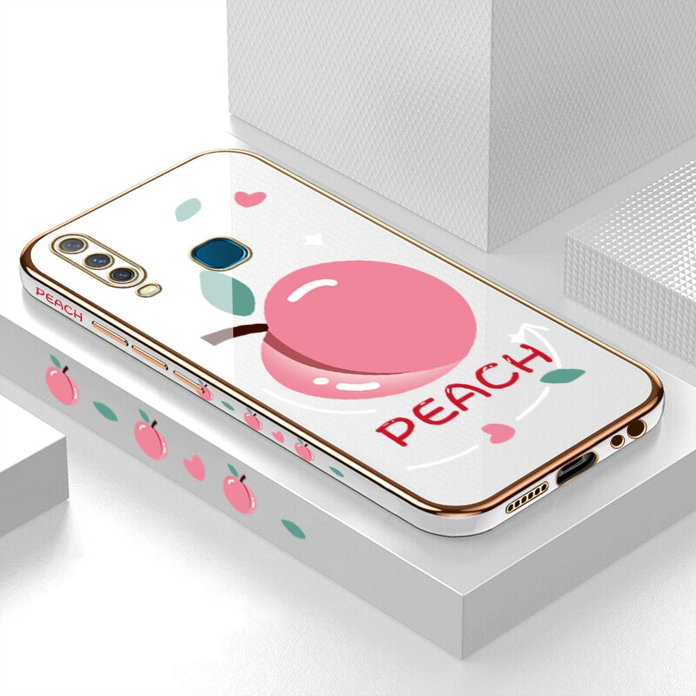 Luxury 6D Plating Case for Vivo Y15 Cartoon Simple Peach Side Pattern Back Cover Soft Silicone Square Frame Shiny Bling Phone Cases + Free Lanyard