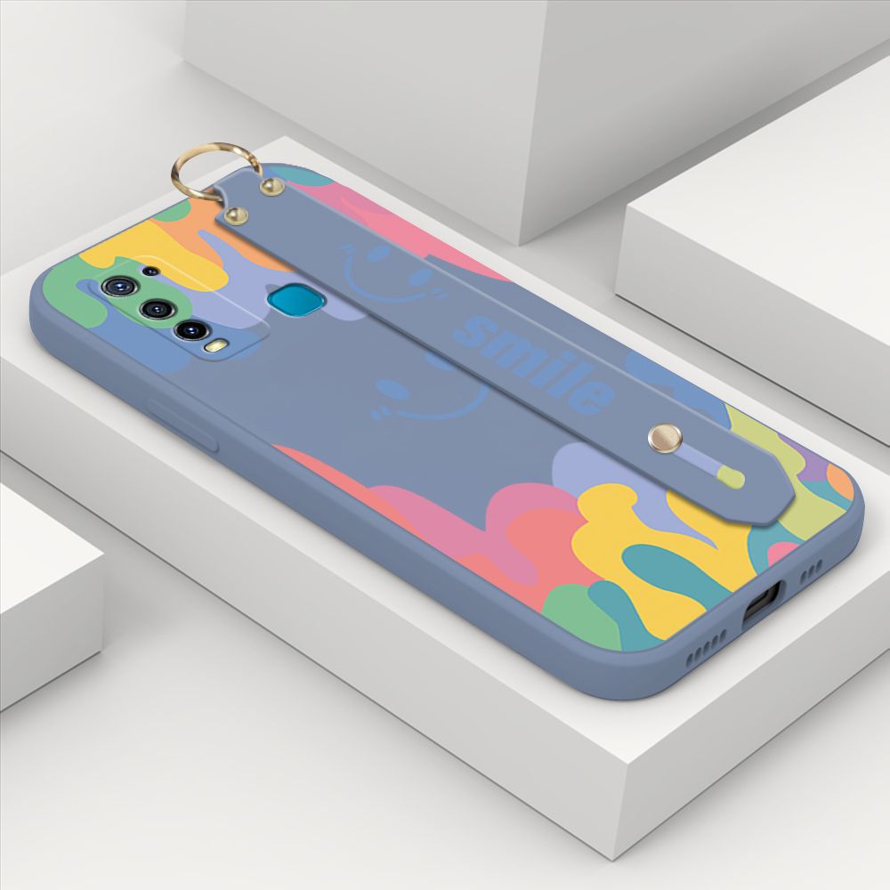 ZeroQiQi for Vivo Y50 Wrist Strap Case Soft Candy Color Splash Ink Cover Trend Square Printed Pattern Liquid Silicone Phone Case