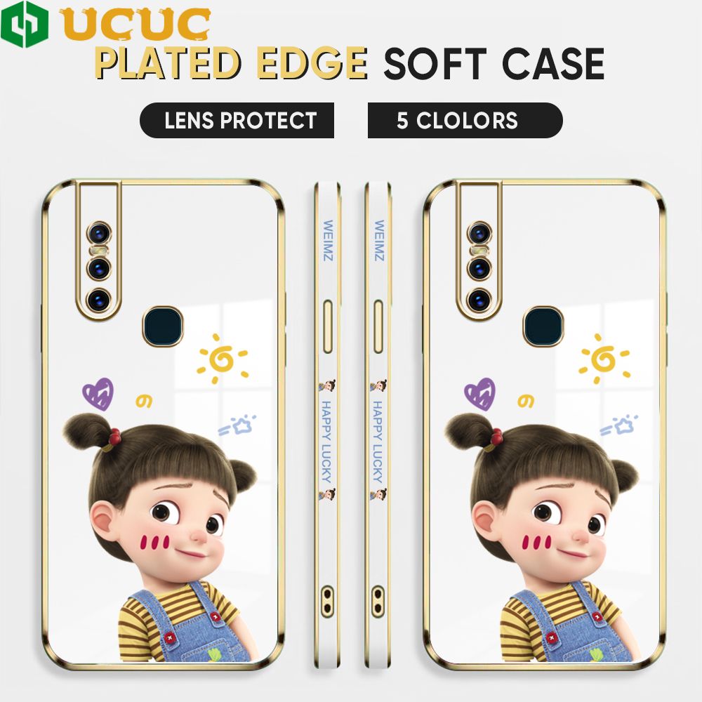 UCUC for Vivo V15 1819 Back Cover + Free Lanyard Lovely Girl Luxury 6D Plating Case Side Pattern Soft Silicone Square Phone Cases