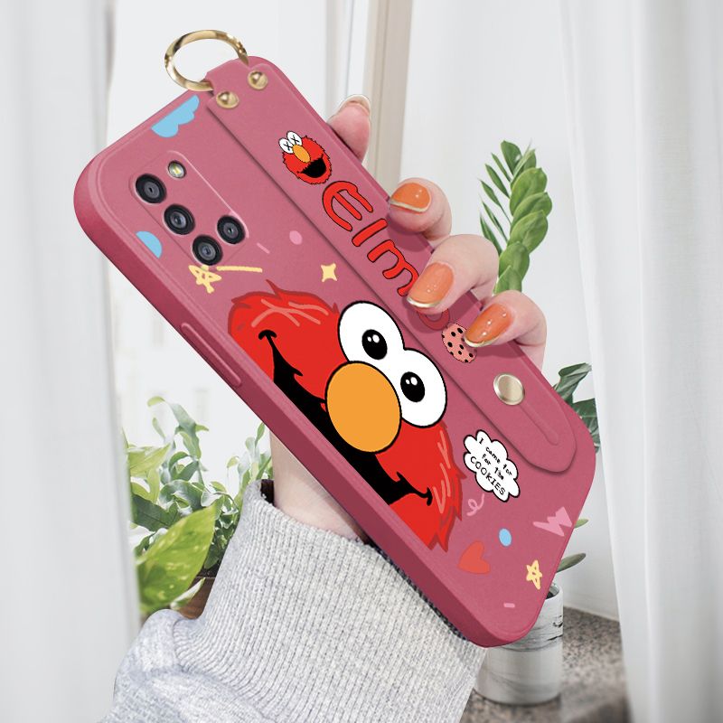 Jizetin for Samsung Galaxy A31 Wrist Strap Case Creative Cartoon Red Haired Monster Cover Ultra Thin Anti Fall Liquid Silicone Phone Case