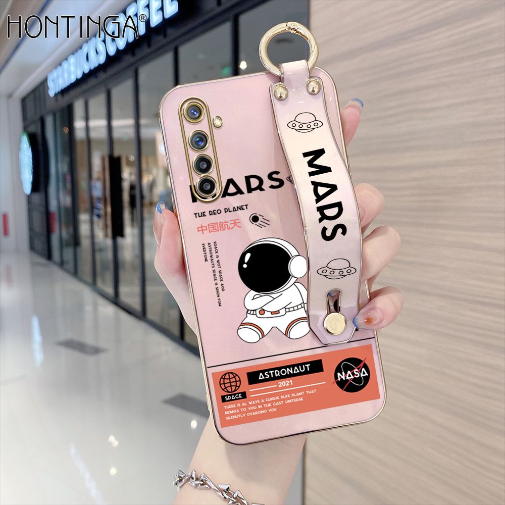 Hontinga for Realme 6 / Narzo Back Cover With Wristband Luxury 6D Plating Cute Space Astronaut  Case Soft Silicone Square Phone Cases