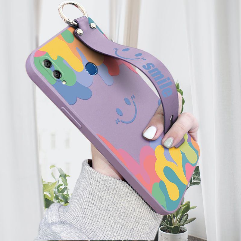 Hontinga for Honor 8X MAX Wrist Strap Case Soft Candy Color Splash Ink Cover Trend Square Printed Pattern Liquid Silicone Phone Case