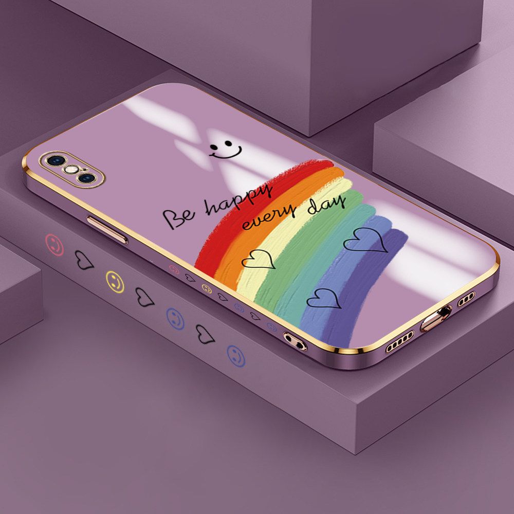 Jizetin (Free Lanyard) iPhone XS MAX Case Rainbow Doodle Luxury 6D Plating Soft Casing Silicone Ultra Thin Phone Cover