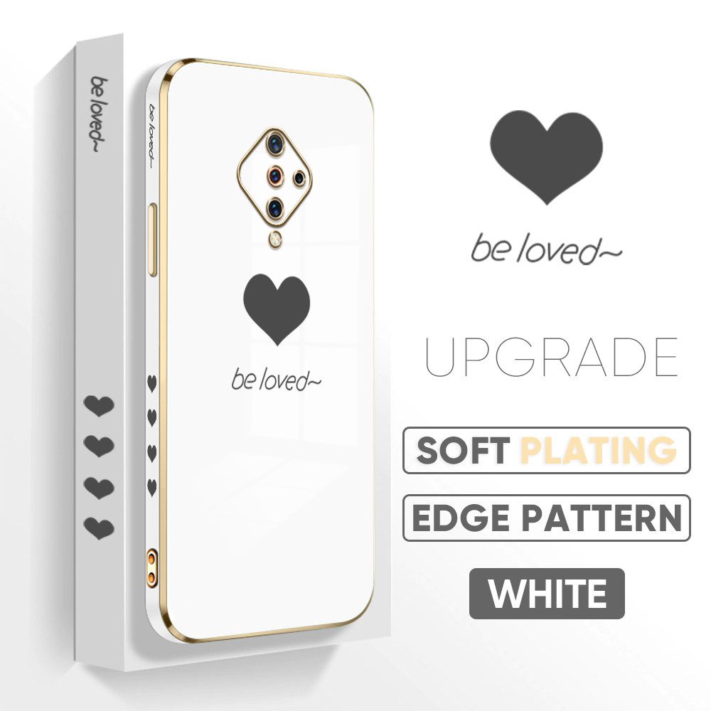 Jizetin (Free Lanyard) Vivo S1 Pro Luxury 6D Plating Soft Casing Silicone Square Frame Phone Case Shiny Bling Back Cover New Lover Heart New design Side Drawing Case