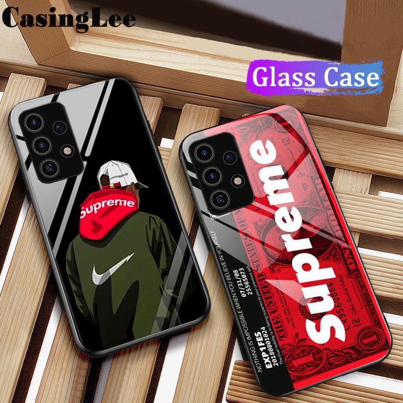 Casinglee for Samsung Galaxy A52S Case Tempered Glass Protector Mirror Couple Back Cover SUP Supreme Design Samsung A52S case cover For girls and Boys