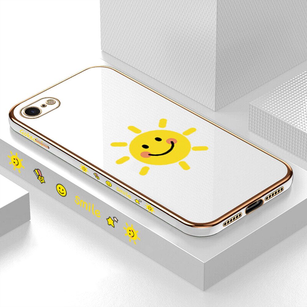 ZeroQiQi for iPhone 7/8/SE 2020/SE 2022 Back Cover Smiling Sun Luxury 6D Plating Case Side Pattern Soft Silicone Square Phone Cases + Free Lanyard