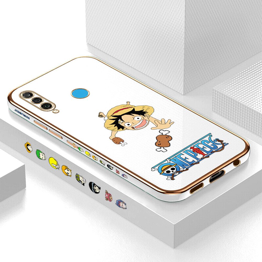Luxury 6D Plating Case for Huawei Nova 4E Gluttonous Cartoon Luffy Side Pattern Back Cover Soft Silicone Square Frame Shiny Bling Phone Cases + Free Lanyard