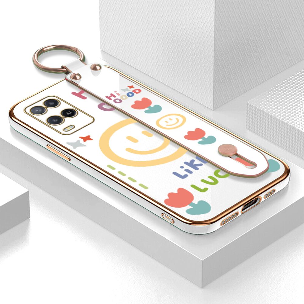 ZeroQiQi for OPPO A54 / A54 2021 Wrist Strap Back Cover Flower Smiley Fashion Luxury 6D Plating Soft Casing Silicone Square Frame Phone Case