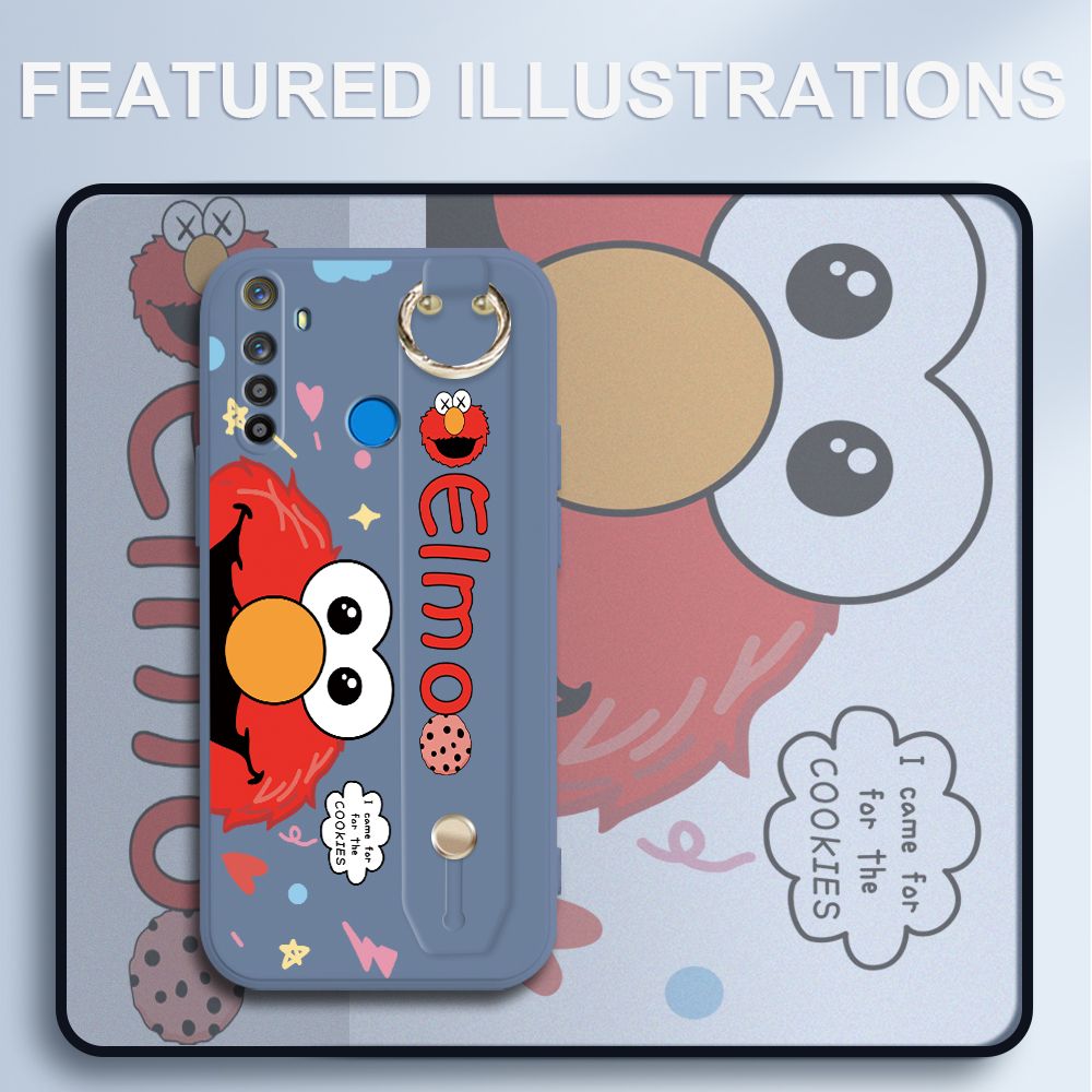 UCUC for Realme 5i Wrist Strap Case Creative Cartoon Red Haired Monster Cover Ultra Thin Anti Fall Liquid Silicone Phone Case