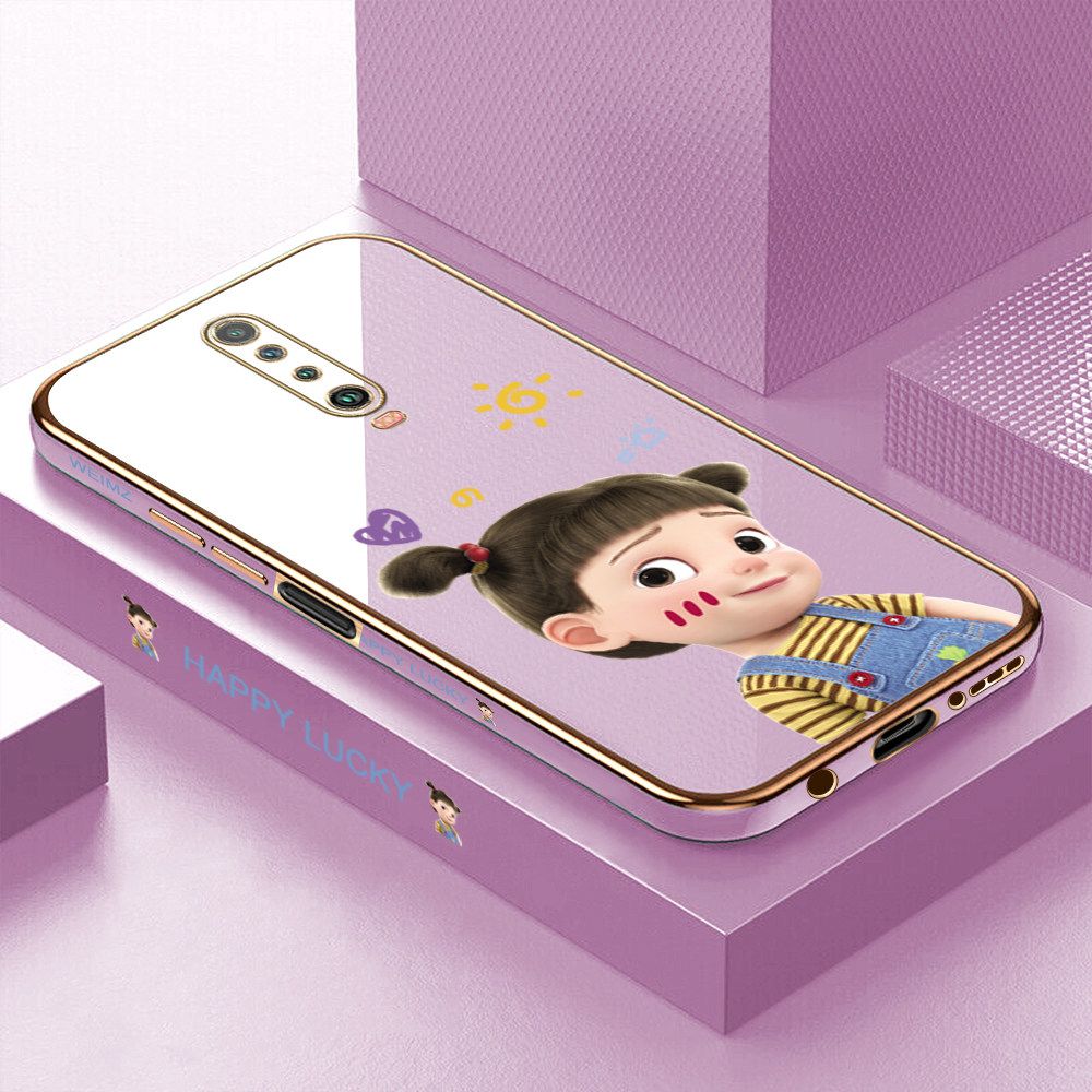 ZeroQiQi for Xiaomi Poco X2 Back Cover Cute Girl Luxury 6D Plating Case Side Pattern Soft Silicone Square Mobile Phone Cases + Free Lanyard