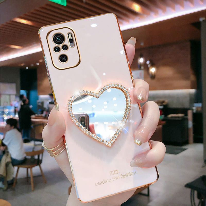 For Xiaomi Redmi Note 10 4G / Redmi Note 10S Cover with Makeup Mirror Shiny Plating Square Bumper Girls Phone Case Soft TPU Silicone Shockproof Protective Back Cover