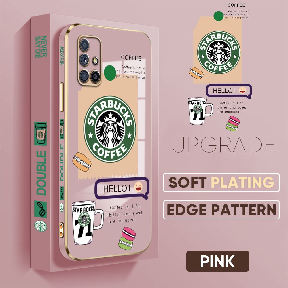 Jizetin (Free Lanyard) Samsung M51 Back Cover Two Coffee Macaron Luxury 6D Plating Case Side Pattern Soft Silicone Square Mobile Phone Cases