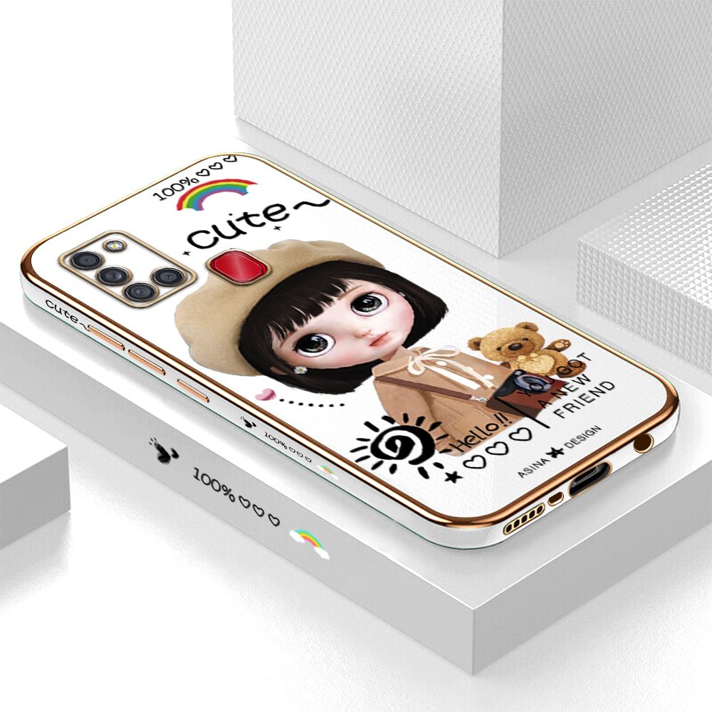 Luxury 6D Plating Case for Samsung A21S Cute Satchel Girl Side Pattern Back Cover Soft Silicone Square Phone Cases + Free Lanyard