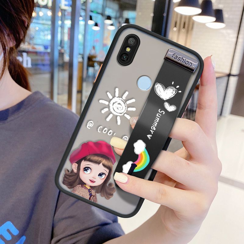 UCUC for Xiaomi Redmi 6 Pro Wrist Strap Case Lovely Cartoon Red Hat Girl Wristband Printing Cover Shockproof Frosted Phone Case