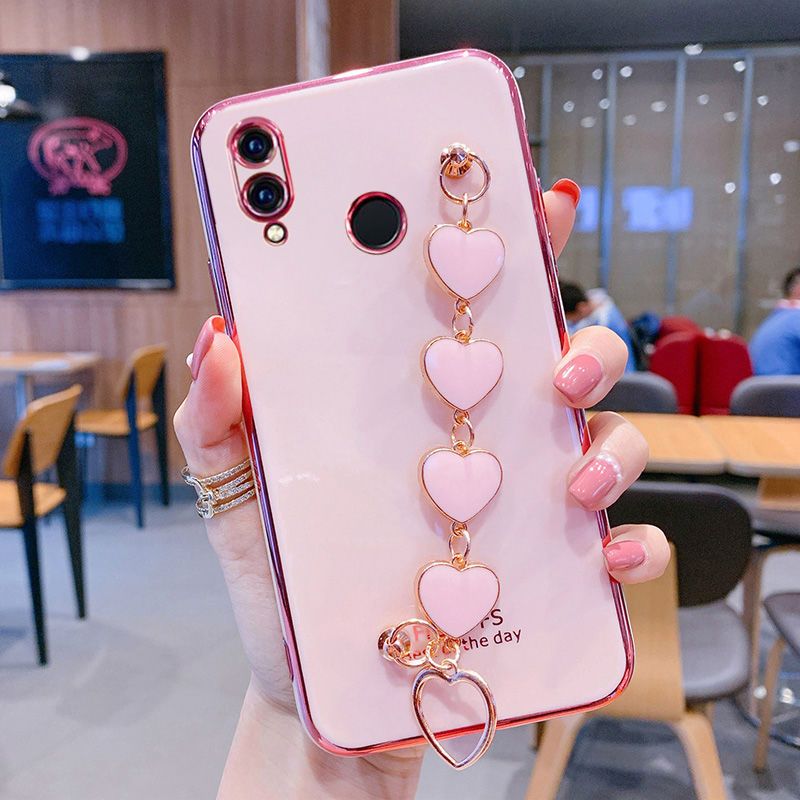 For Huawei Y7 Prime 2019 Back Cover with Love Heart Chain Wrist Strap Fashion Bracelet Shiny Plating Bumper Protective Case Silicone Shockproof Mobile Phone Cases