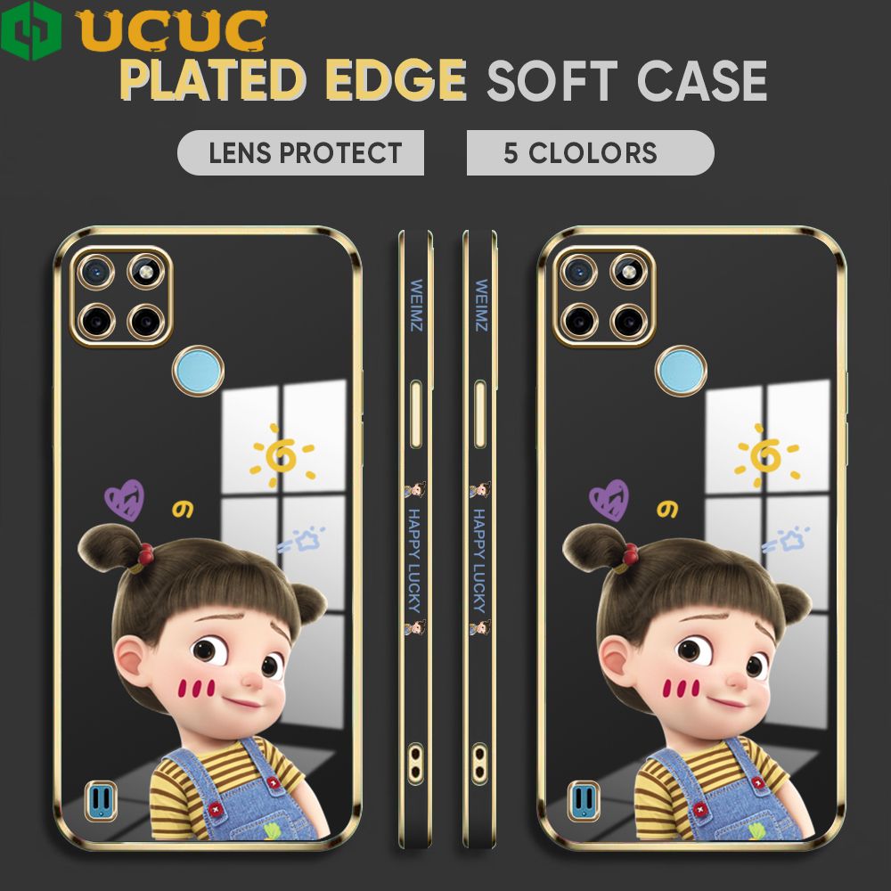 UCUC for Realme C25Y / Realme C21Y Back Cover + Free Lanyard Lovely Girl Luxury 6D Plating Case Side Pattern Soft Silicone Square Phone Cases