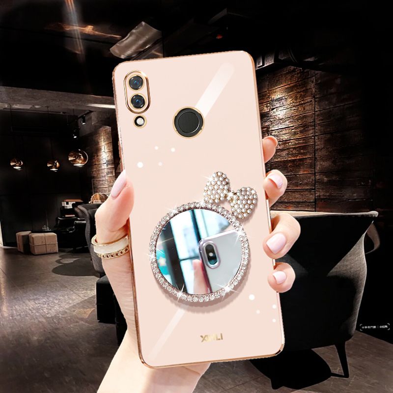 For Huawei P20 Lite Back Cover + Bowknot Makeup Mirror Fashion Shiny Plating Square Bumper Bling Girls Phone Case Soft TPU Silicone Shockproof Back Cover