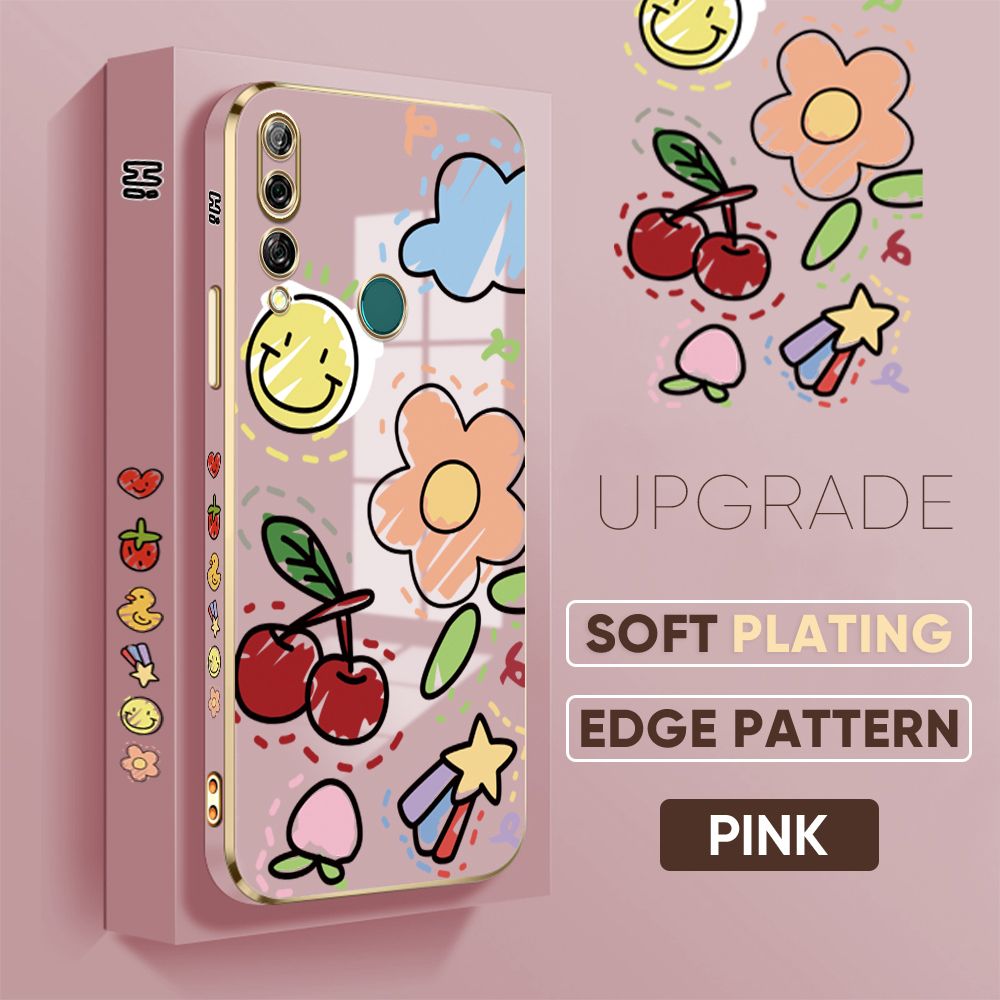 TA for Honor Y9 Prime 2019 Back Cover + Free Lanyard Colorful Fruit Painting Luxury 6D Plating Case Side Pattern Soft Silicone Square Phone Cases