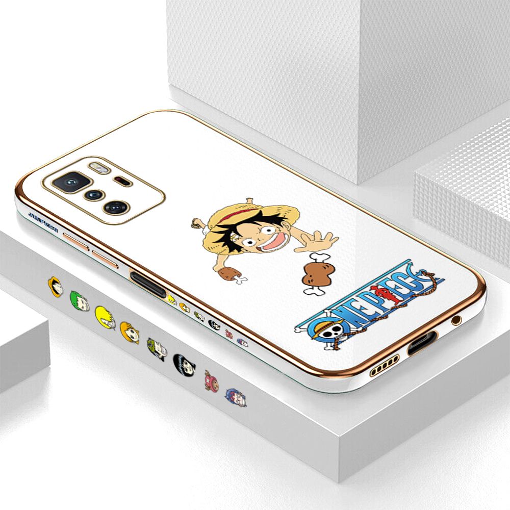 Luxury 6D Plating Case for Xiaomi Poco X3 GT Gluttonous Cartoon Luffy Side Pattern Back Cover Soft Silicone Square Frame Shiny Bling Phone Cases + Free Lanyard
