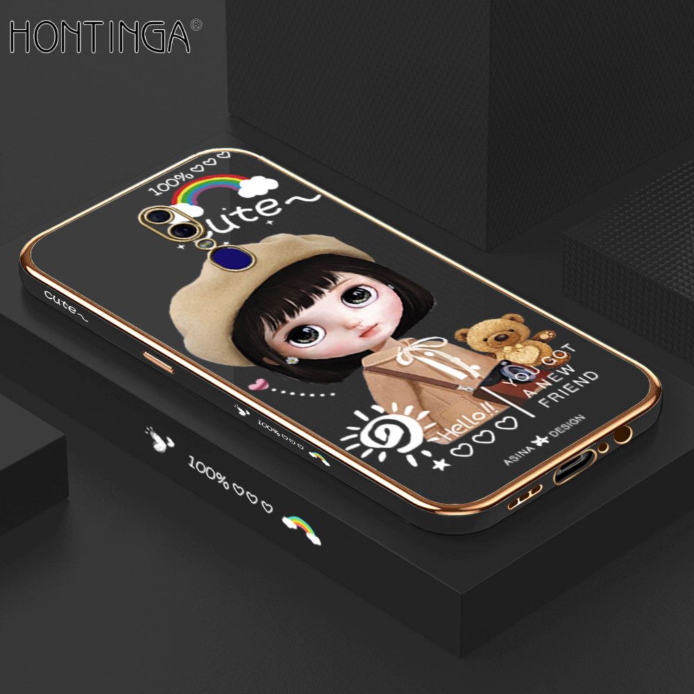Hontinga for OPPO F11 Back Cover + Free Lanyard Luxury 6D Plating Cartoon Satchel Girl Side Pattern Case Soft Silicone Square Mobile Cover