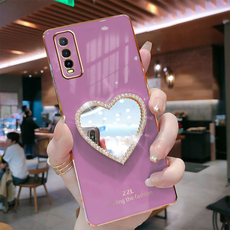 For Vivo Y20G Cover with Makeup Mirror Shiny Plating Square Bumper Girls Phone Case Soft TPU Silicone Shockproof Protective Back Cover