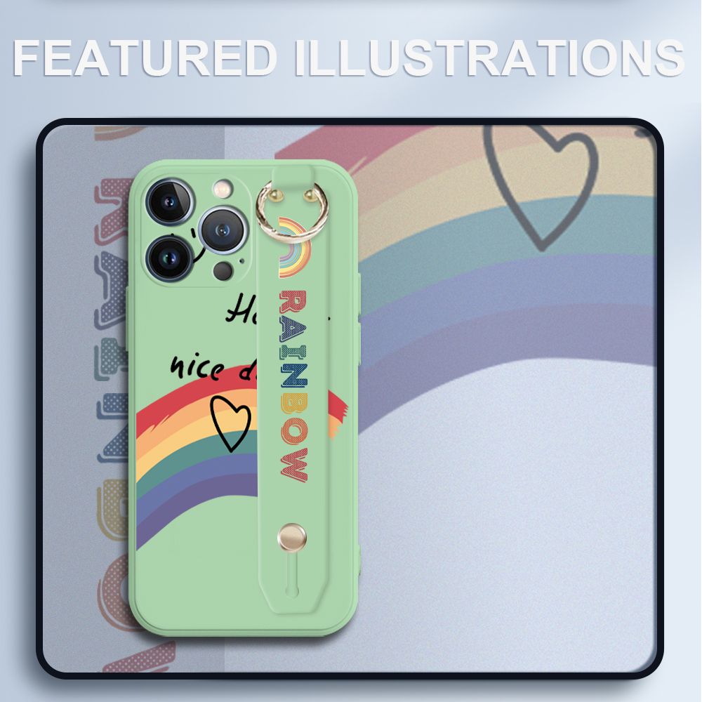 UCUC for iPhone 13 Pro Wrist Strap Case INS Style Smile Rainbow Cover Ultra Thin Anti Fall Liquid Silicone Phone Case