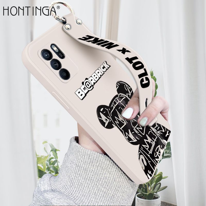 Hontinga for OPPO Reno6 Z 5G Wrist Strap Case Fashion Black Brand Bear Phone Case Square Edge Liquid Silicone Cases Full Cover Camera Shockproof Protection Cases