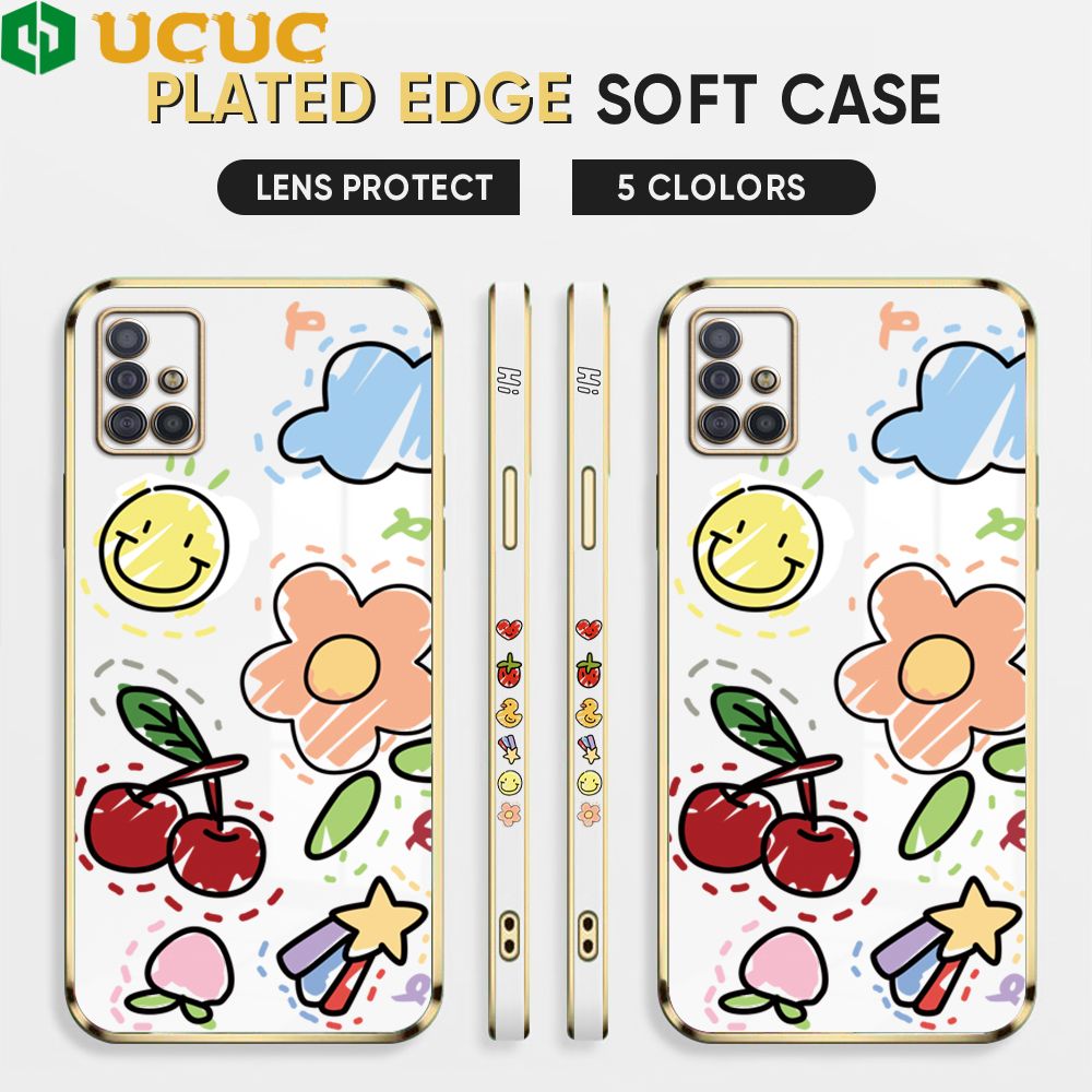 UCUC for Samsung Galaxy A51 Cover Fruit Doodle Luxury 6D Plating Soft Casing Silicone Square Frame Phone Case Shiny Bling Back Cover + Free Lanyard