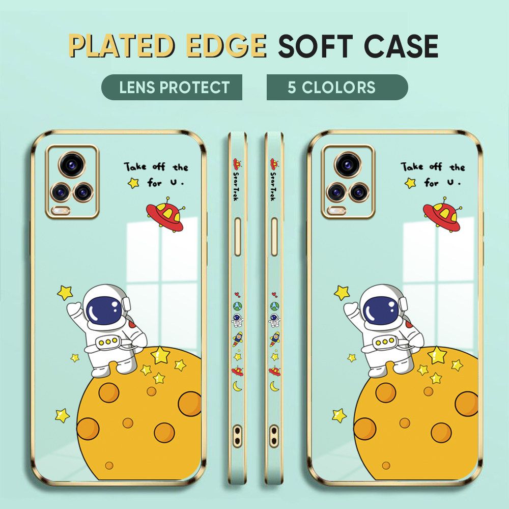 Luxury 6D Plating Case for Vivo S1 Phone Cases Cute Cartoon Happy Astronaut Side Print Soft Silicone Square Back Cover