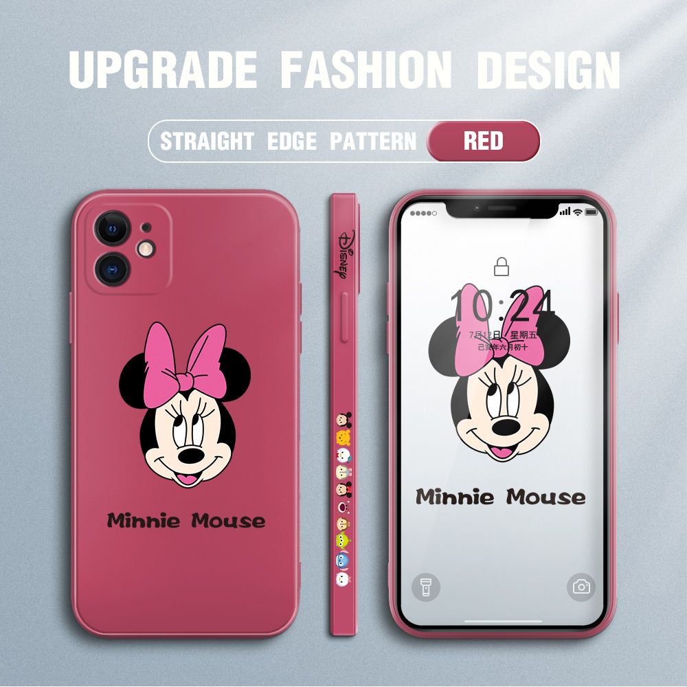 Jizetin for iPhone 12 Mini Case Minnie Mickey Mouse Design Side Design Phone Case Square Edge Pattern Liquid Silicone Cases Full Cover Camera Shockproof Protective Case