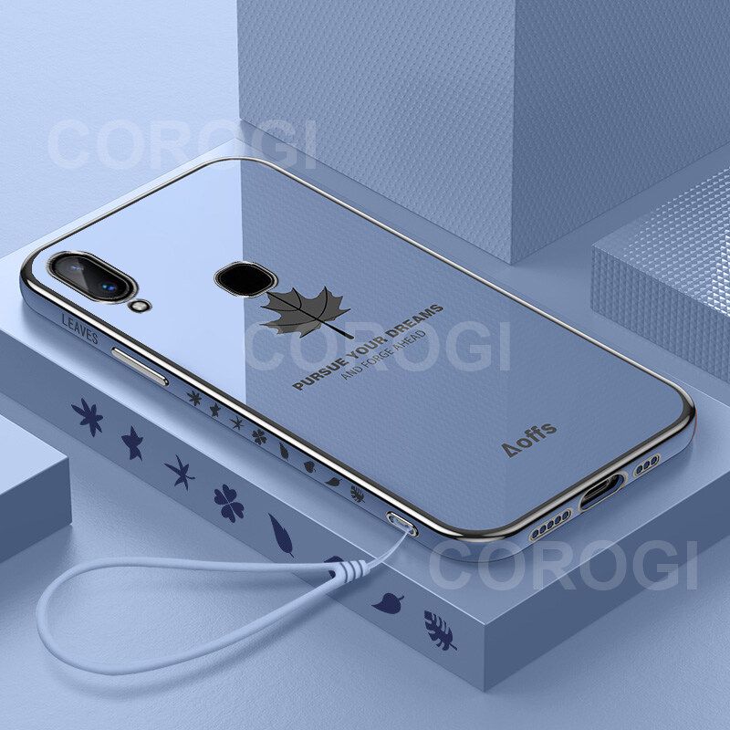 For Vivo Y95 Cover + Wrist Strap Fashion Shiny Maple leaf Plating Square Bumper Phone Case Soft TPU Silicone Shockproof Protective Back Cover