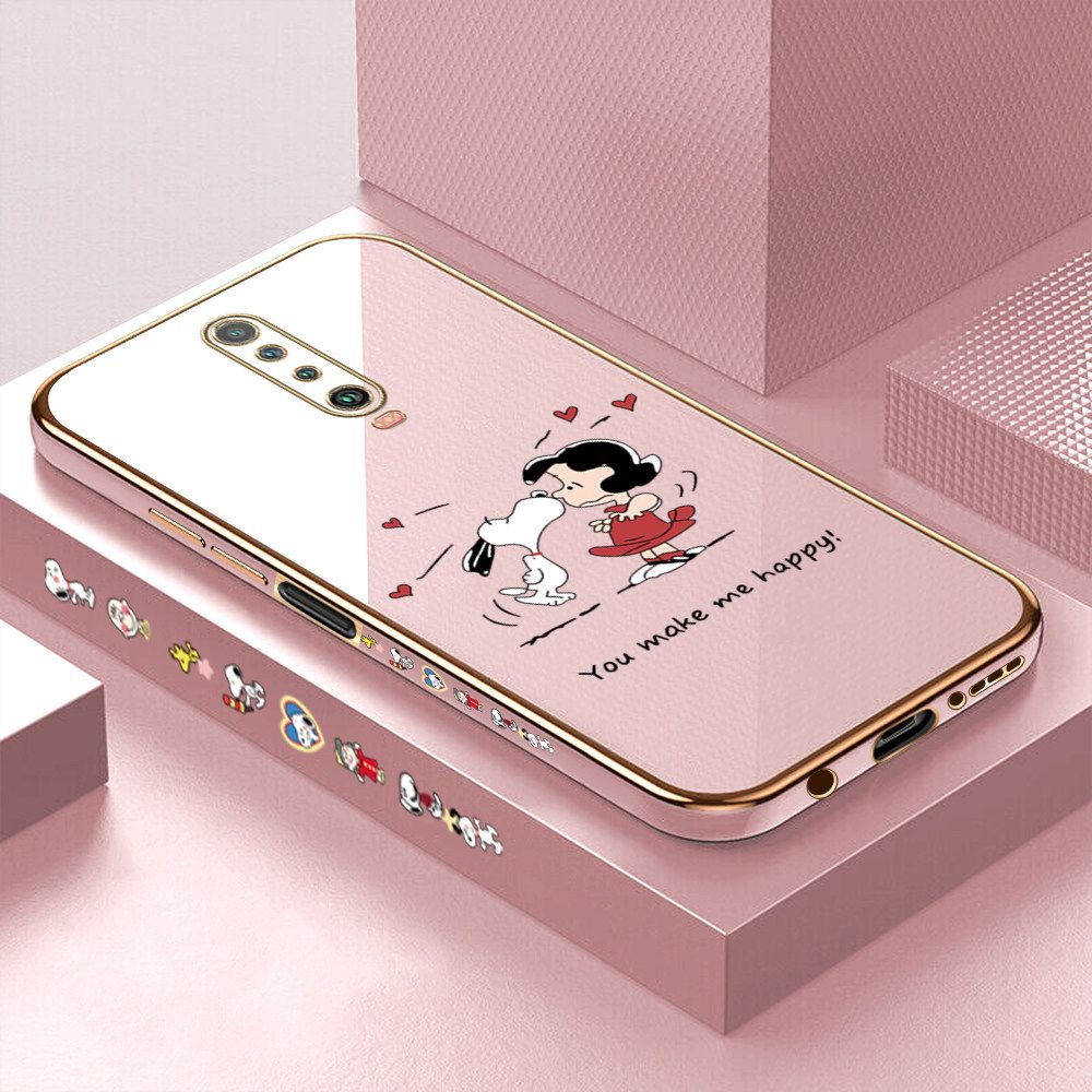 Luxury 6D Plating Case for Xiaomi Poco X2 Happy Cartoon Puppy Side Pattern Back Cover Soft Silicone Square Frame Shiny Bling Phone Cases + Free Lanyard