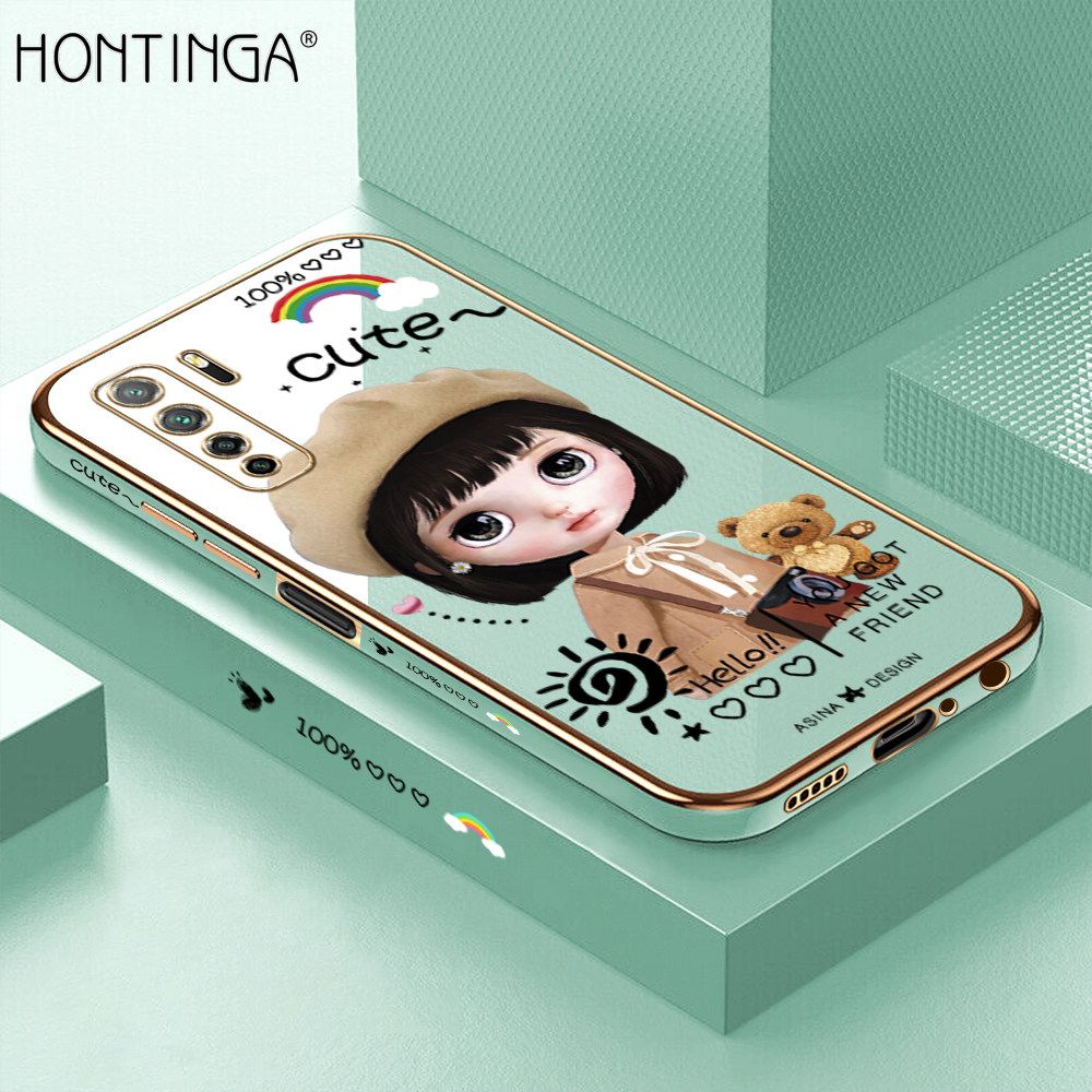 Hontinga for Huawei Nova 7 SE Back Cover + Free Lanyard Luxury 6D Plating Cute Satchel Girl Side Pattern Case Soft Silicone Square Mobile Cover