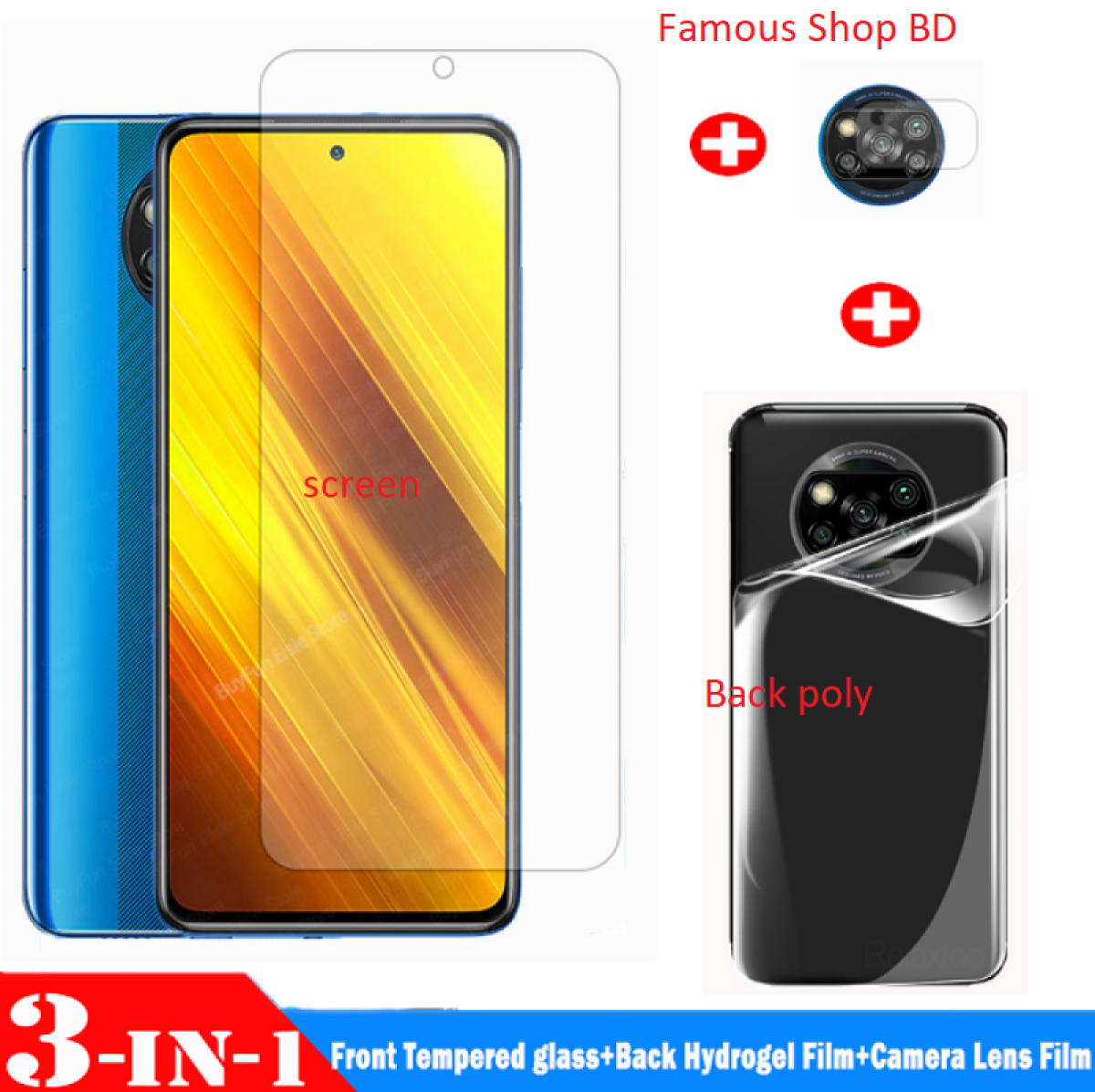 POco x3 NFC( 3in1) Front screen protector+ Back camera Lens+ Back Hydrozel Film/Poly)=3pcs