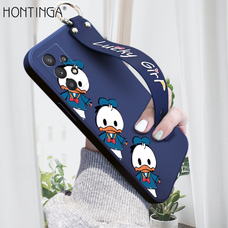 Hontinga for Samsung Galaxy A32 5G Wrist Strap Case Cute Cartoon Little Duck Phone Case Square Edge Liquid Silicone Case Full Cover Camera Shockproof Protective Cases