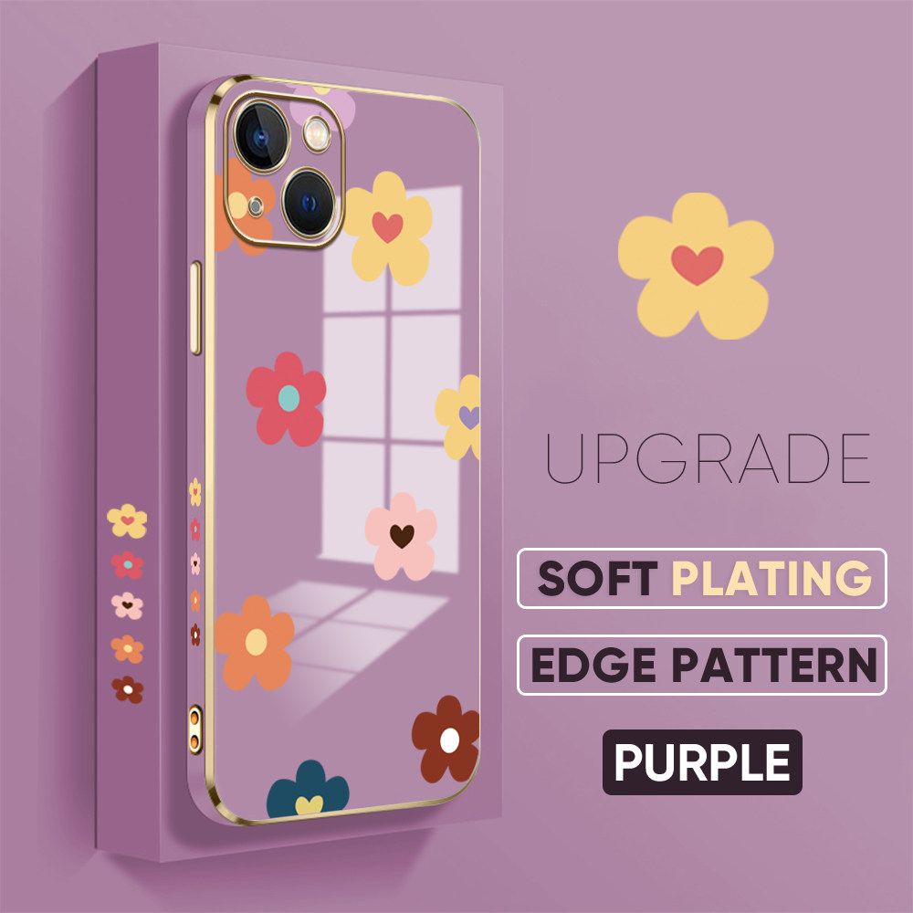 TA for iPhone 13 Back Cover + Free Lanyard Falling Flowers Luxury 6D Plating Case Side Pattern Soft Silicone Square Phone Cases