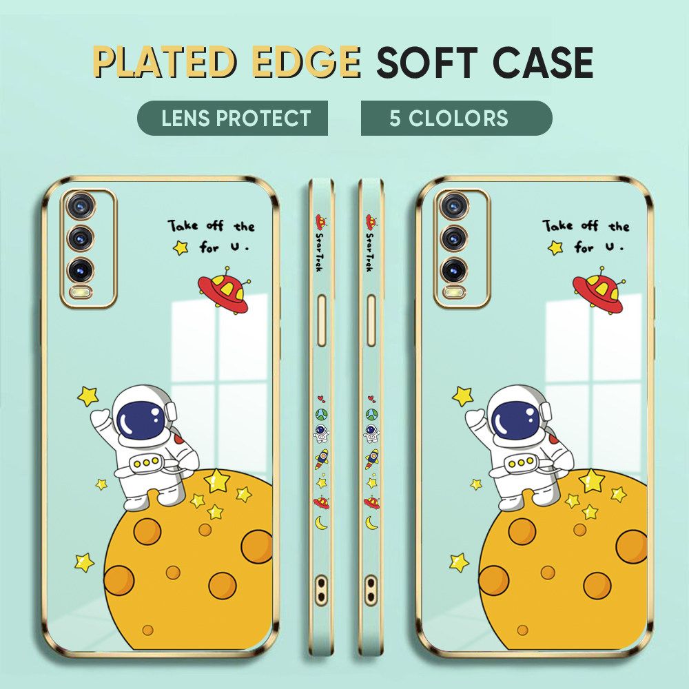 Luxury 6D Plating Case for Vivo Y20S Phone Cases Cute Cartoon Happy Astronaut Side Print Soft Silicone Square Back Cover
