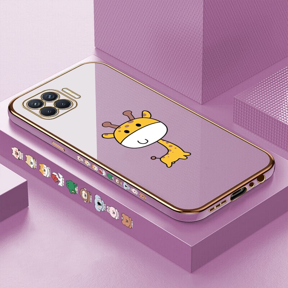 Luxury 6D Plating Case for OPPO F17 Pro A93 2020 Cute Giraffe Side Pattern Back Cover Soft Silicone Square Phone Cases + Free Lanyard