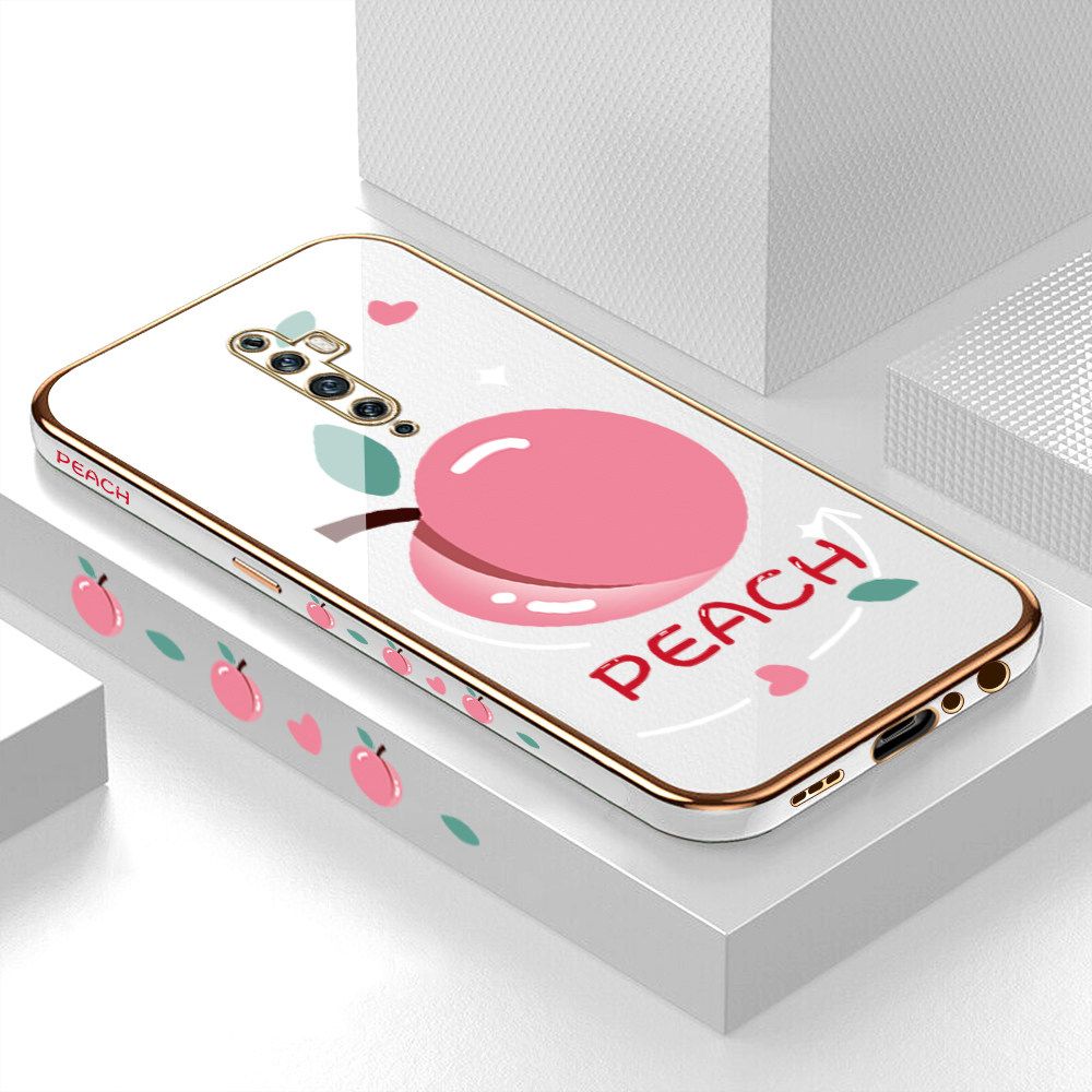 Luxury 6D Plating Case for OPPO Reno2 Z Cartoon Simple Peach Side Pattern Back Cover Soft Silicone Square Frame Shiny Bling Phone Cases + Free Lanyard