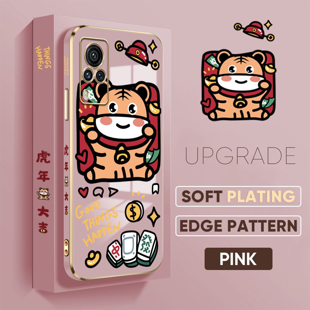TA for Vivo X60 Pro Back Cover + Free Lanyard Cute Animals Luxury 6D Plating Case Side Pattern Soft Silicone Square Phone Cases