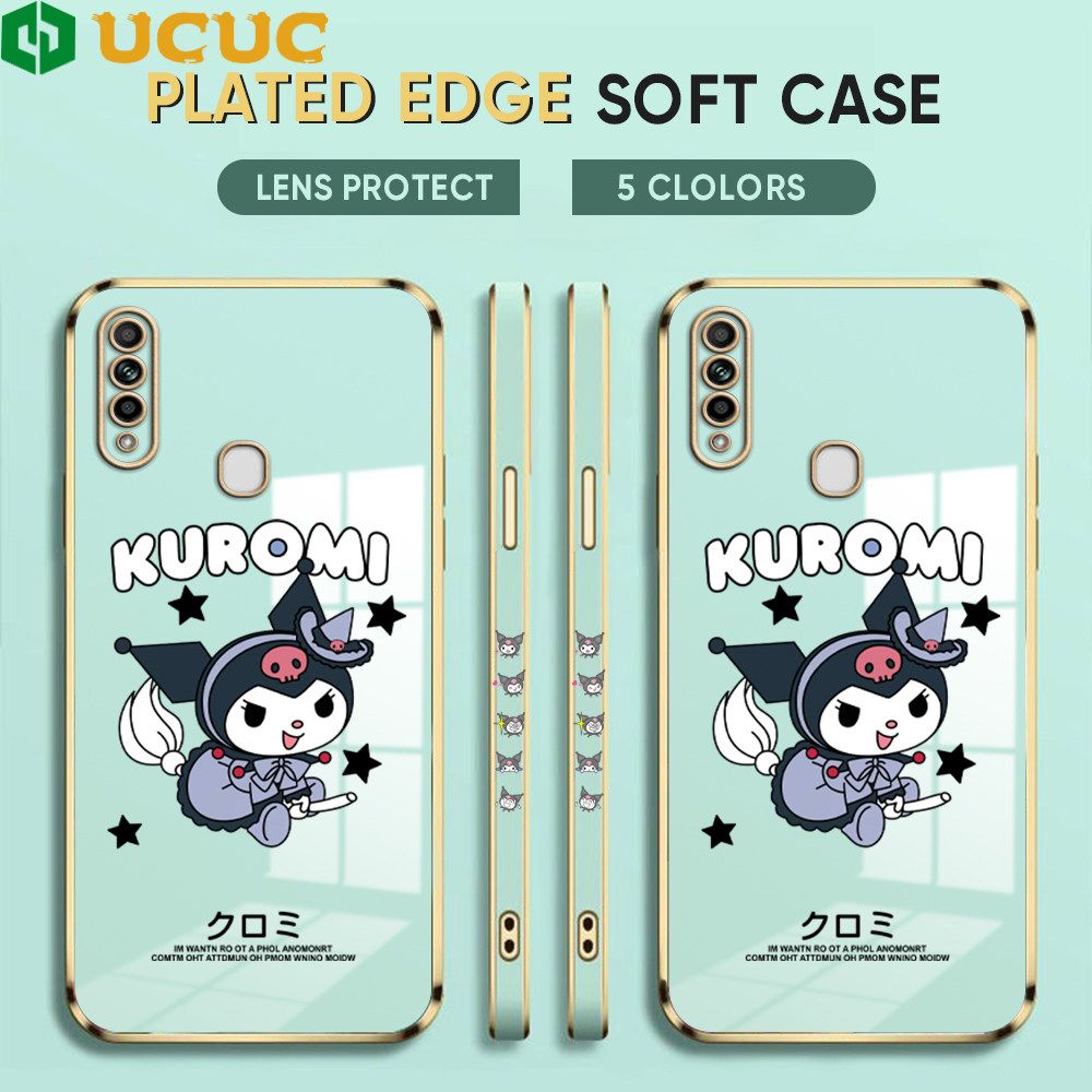 UCUC for OPPO A31 2020 Luxury 6D Plating Soft Casing Silicone Square Frame Phone Case Shiny Bling Back Cover + Free Lanyard Cute Cartoon Anime Characters New design Side Drawing Case