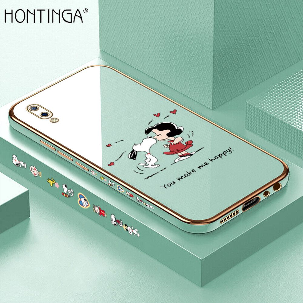 Hontinga for Vivo Y93 Back Cover + Free Lanyard Luxury 6D Plating Happy Puppy and Girl Side Pattern Case Soft Silicone Square Mobile Cover