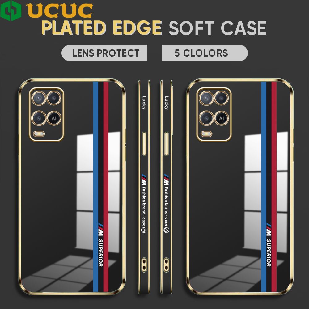 UCUC for OPPO A54 Back Cover + Free Lanyard Track Sign Luxury 6D Plating Case Side Pattern Soft Silicone Square Phone Cases